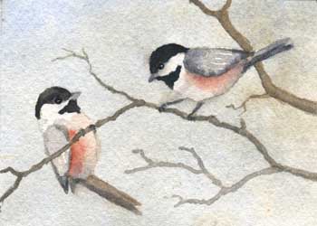 "Cold Gray Morning, Cheerful Chickadees" by Rebecca Herb, Madison WI - Watercolor  - SOLD